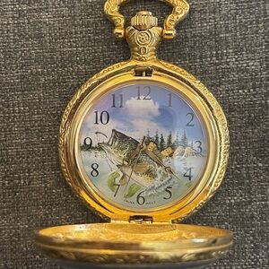 Vintage Gold Pocket Watch with Bass fishing Scenic Design PERFECT GIFT FOR A MAN
